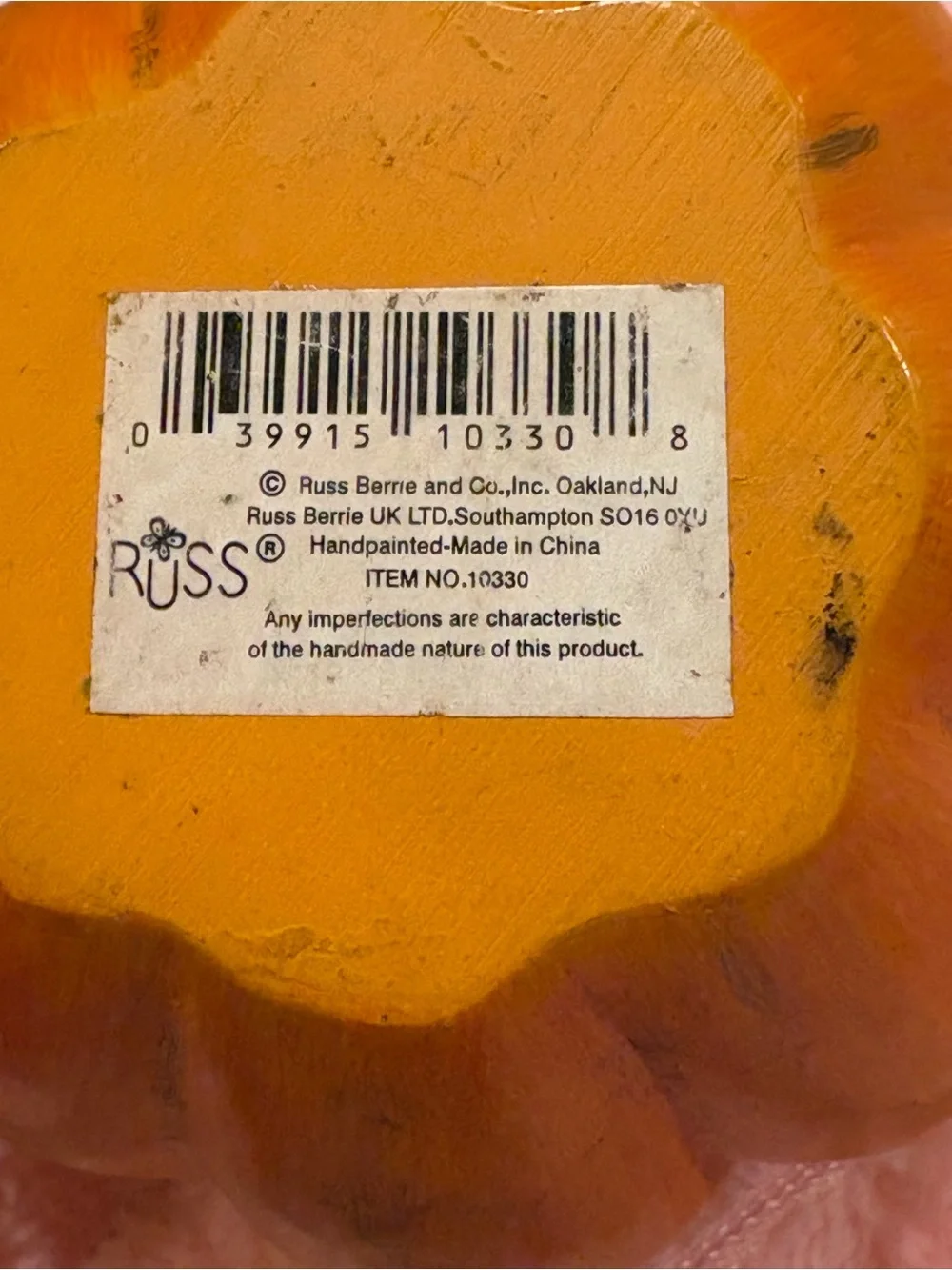 Russ Berrie Orange Pumpkin Basket with Dark Brown Handle